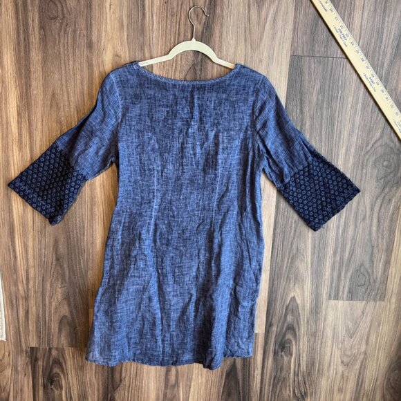 Soft Surroundings Blue Linen 100% Crochet Sleeve Dress Small Lagenlook minimal - Picture 5 of 9